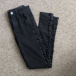 American Eagle Black Jeans with Lace Up Detail on Sides. Short Length.